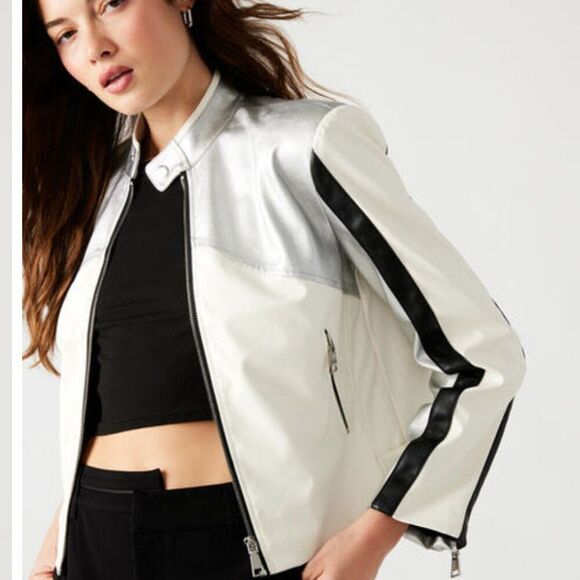 Steve Madden Helayna Faux Leather Silver/cream/black Moto jacket size small - Picture 2 of 12